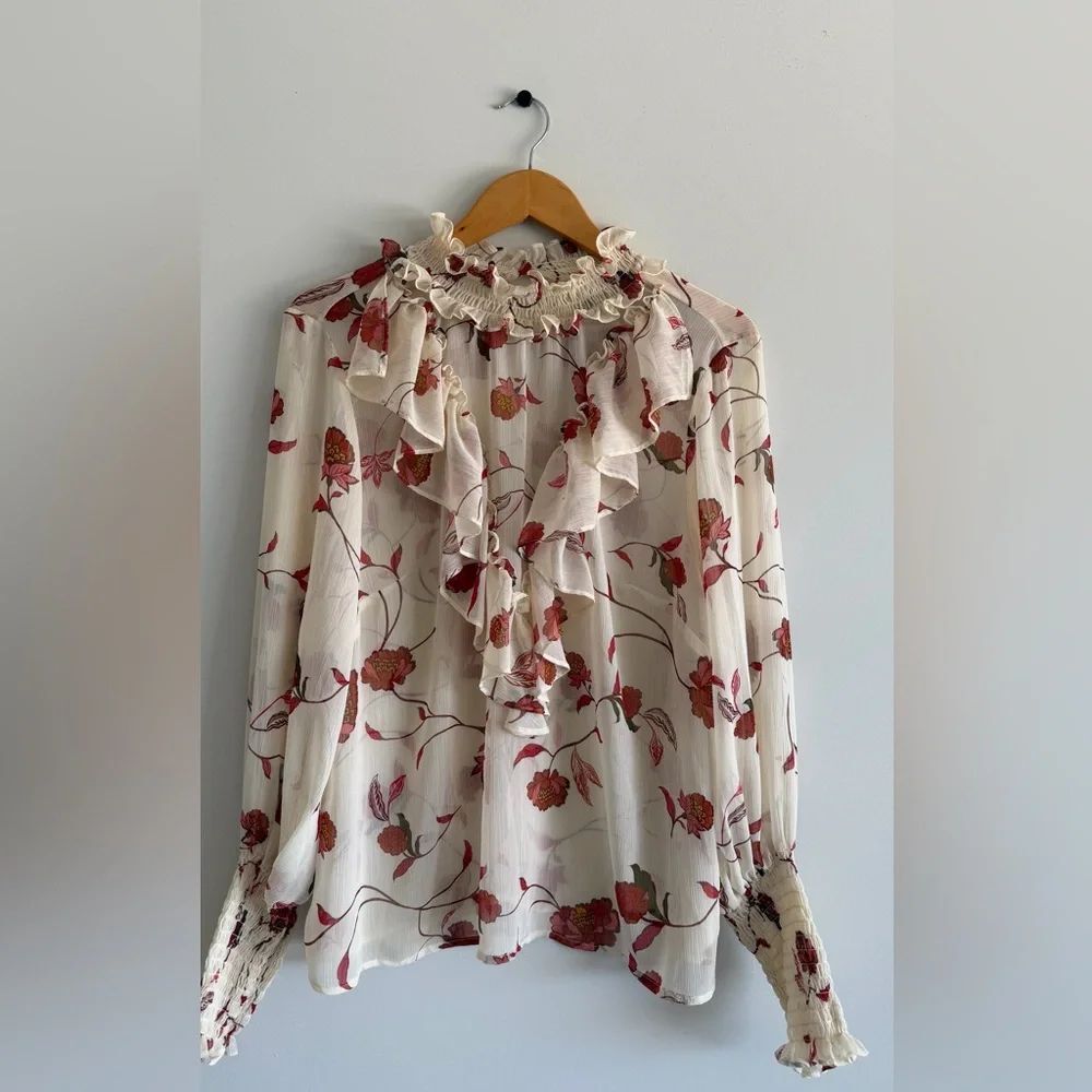 Eloquii Ruffle Neck Floral Blouse - White and Red